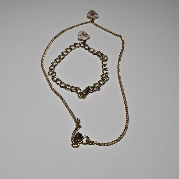 Vintage Emmons Gold Tone Guilloche Enamel Shield Charm Necklace & Bracelet Set - Picture 13 of 15